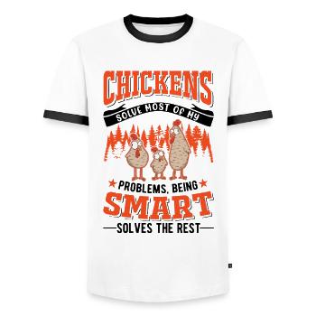 Poulets Élevage de poulets Éleveur de poulets - T-shirt contrasté Homme - blanc/noir - Devant - AI Model Female 172 light (172cm) & AI Model Male 178 dark (178cm)