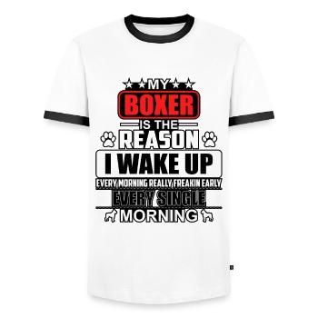 My boxer is the reason I wake up every morning - Men's Ringer Shirt - white/black - Front - AI Model Female 172 light (172cm) & AI Model Male 178 dark (178cm)
