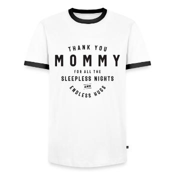 Endless Hugs, Sleepless Nights - A Tribute to Moms - Men's Ringer Shirt - white/black - Front - AI Model Female 172 light (172cm) & AI Model Male 178 dark (178cm)