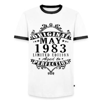 May 1983 Vintage vintage birthday retro - Men's Ringer Shirt - white/black - Front - AI Model Female 172 light (172cm) & AI Model Male 178 dark (178cm)