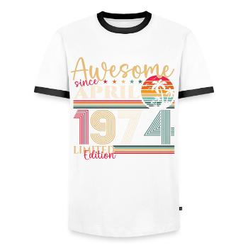 49th birthday man April born 1974 Awesome - Men's Ringer Shirt - white/black - Front - AI Model Female 172 light (172cm) & AI Model Male 178 dark (178cm)
