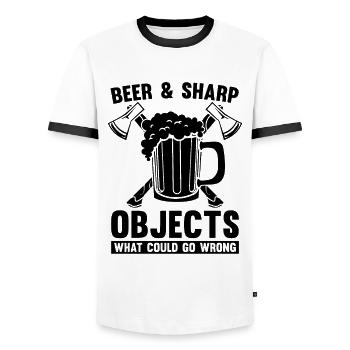 Beer & Sharp Objects Hatchet Throwing Axe Thrower - Men's Ringer Shirt - white/black - Front - AI Model Female 172 light (172cm) & AI Model Male 178 dark (178cm)