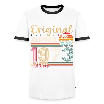 50e anniversaire homme April Né en 1973 Original - T-shirt contrasté Homme - blanc/noir - Devant - AI Model Female 172 light (172cm) & AI Model Male 178 dark (178cm)