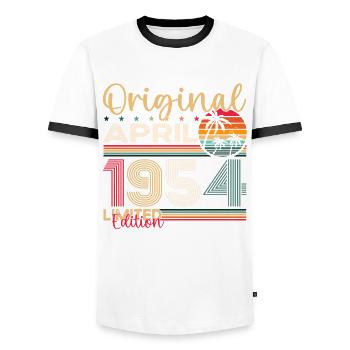 69th birthday man April Born 1954 Original - Men's Ringer Shirt - white/black - Front - AI Model Female 172 light (172cm) & AI Model Male 178 dark (178cm)