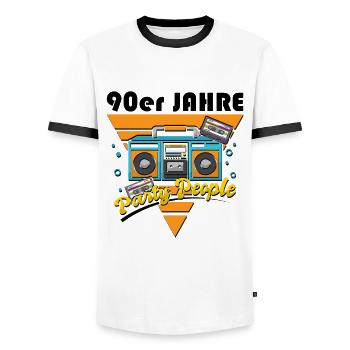 90er - Jahre - Party - People - Männer Kontrast-T-Shirt - Weiß/Schwarz - Vorne - AI Model Female 172 light (172cm) & AI Model Male 178 dark (178cm)