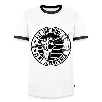Axe Throwing Is My Superpower Bullseye Axe Thrower - Männer Kontrast-T-Shirt - Weiß/Schwarz - Vorne - AI Model Female 172 light (172cm) & AI Model Male 178 dark (178cm)