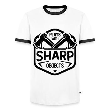 Plays With Sharp Objects Woodworking Axe Thrower - Men's Ringer Shirt - white/black - Front - AI Model Female 172 light (172cm) & AI Model Male 178 dark (178cm)