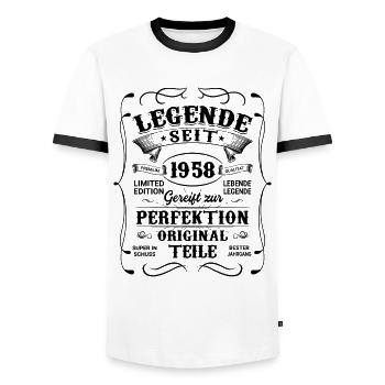 Legende seit 1958 - Männer Kontrast-T-Shirt - Weiß/Schwarz - Vorne - AI Model Female 172 light (172cm) & AI Model Male 178 dark (178cm)