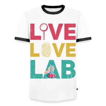 Live Love Lab, Investigator - Men's Ringer Shirt - white/black - Front - AI Model Female 172 light (172cm) & AI Model Male 178 dark (178cm)