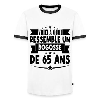 anniversaire 65 ans. beau gosse 65 ans. 65e annive - T-shirt contrasté Homme - blanc/noir - Devant - AI Model Female 172 light (172cm) & AI Model Male 178 dark (178cm)