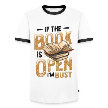 When the book is open, I'm reading - Men's Ringer Shirt - white/black - Front - AI Model Female 172 light (172cm) & AI Model Male 178 dark (178cm)