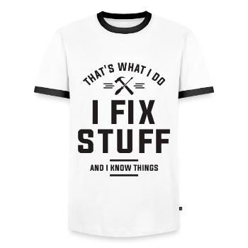 Fixologist - I Fix Stuff & Know Things - Men's Ringer Shirt - white/black - Front - AI Model Female 172 light (172cm) & AI Model Male 178 dark (178cm)
