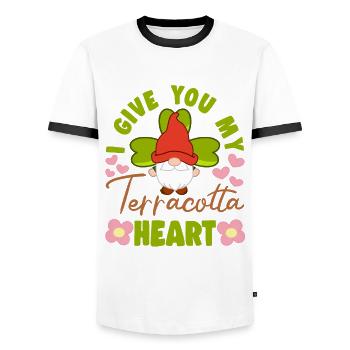 I Give You My Terracotta Heart Yard Garden Gnome - Men's Ringer Shirt - white/black - Front - AI Model Female 172 light (172cm) & AI Model Male 178 dark (178cm)