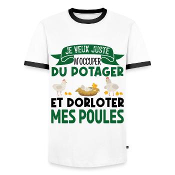 M'occuper Du Potager Et Des Poules. Jardinage. - T-shirt contrasté Homme - blanc/noir - Devant - AI Model Female 172 light (172cm) & AI Model Male 178 dark (178cm)