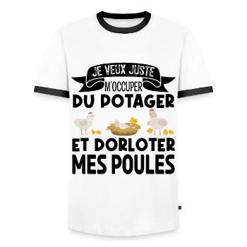 M'occuper Du Potager Et Des Poules. Jardinage. - T-shirt contrasté Homme - blanc/noir - Devant - AI Model Female 172 light (172cm) & AI Model Male 178 dark (178cm)