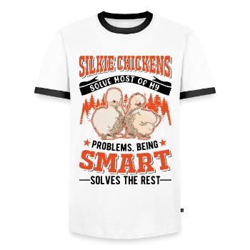 Silk Chicken Cadeau Silkie Chicken Silkie Chicken - T-shirt contrasté Homme - blanc/noir - Devant - AI Model Female 172 light (172cm) & AI Model Male 178 dark (178cm)