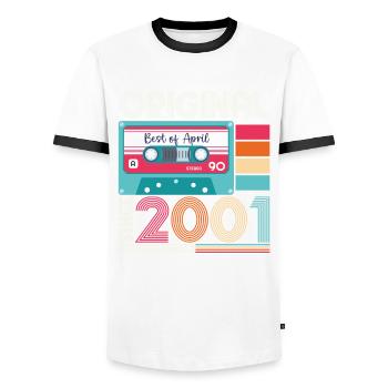 22. Geburtstag Mann April Jahrgang 2001 Kassette - Männer Kontrast-T-Shirt - Weiß/Schwarz - Vorne - AI Model Female 172 light (172cm) & AI Model Male 178 dark (178cm)