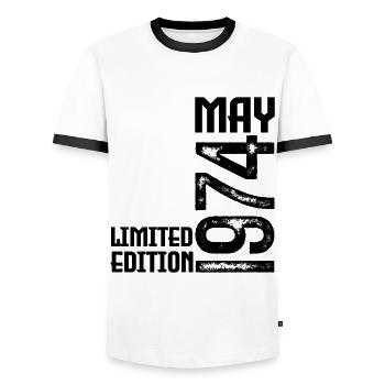 Gift May 1974. anniversary may 1974. May 1974. - Men's Ringer Shirt - white/black - Front - AI Model Female 172 light (172cm) & AI Model Male 178 dark (178cm)