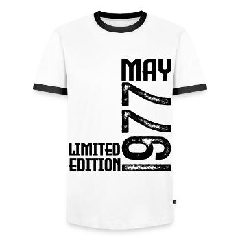 Gift May 1977. Anniversary May 1977. May 1977. - Men's Ringer Shirt - white/black - Front - AI Model Female 172 light (172cm) & AI Model Male 178 dark (178cm)