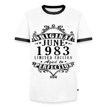 40th Birthday Vintage June 1983 Vintage 1983 - Men's Ringer Shirt - white/black - Front - AI Model Female 172 light (172cm) & AI Model Male 178 dark (178cm)