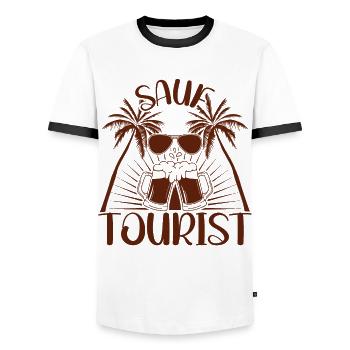 Mallorca Party Humor Spruch Sauf Tourist - Männer Kontrast-T-Shirt - Weiß/Schwarz - Vorne - AI Model Female 172 light (172cm) & AI Model Male 178 dark (178cm)