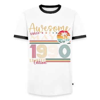 33. Geburtstag Mann Frau Awesome Mai Jahrgang 1990 - Männer Kontrast-T-Shirt - Weiß/Schwarz - Vorne - AI Model Female 172 light (172cm) & AI Model Male 178 dark (178cm)