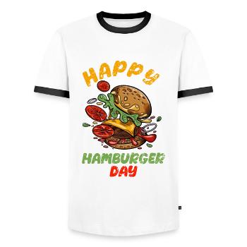 J’adore la restauration rapide, les hamburgers et les frites - T-shirt contrasté Homme - blanc/noir - Devant - AI Model Female 172 light (172cm) & AI Model Male 178 dark (178cm)