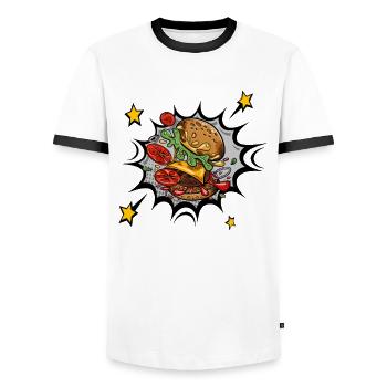 J’adore la restauration rapide, les hamburgers et les frites - T-shirt contrasté Homme - blanc/noir - Devant - AI Model Female 172 light (172cm) & AI Model Male 178 dark (178cm)