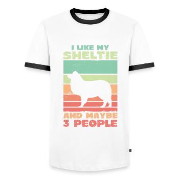 I like my Sheltie and maybe 3 people - Men's Ringer Shirt - white/black - Front - AI Model Female 172 light (172cm) & AI Model Male 178 dark (178cm)