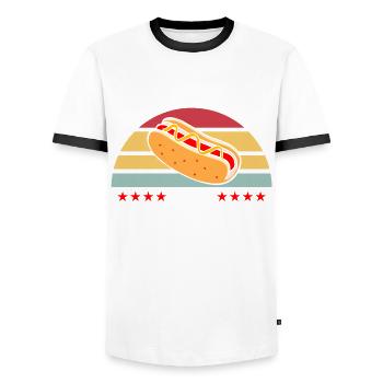 Stop staring at my sausage Hot Dog Geschen - Men's Ringer Shirt - white/black - Front - AI Model Female 172 light (172cm) & AI Model Male 178 dark (178cm)