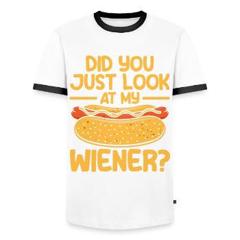 Check out my sausage hot dog gift - Men's Ringer Shirt - white/black - Front - AI Model Female 172 light (172cm) & AI Model Male 178 dark (178cm)