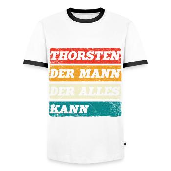 Thorsten Der Mann Der Alles Kann Vorname Thorsten - Männer Kontrast-T-Shirt - Weiß/Schwarz - Vorne - AI Model Female 172 light (172cm) & AI Model Male 178 dark (178cm)