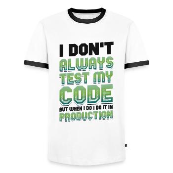 Ich Teste Meinen Code In Der Produktion - Männer Kontrast-T-Shirt - Weiß/Schwarz - Vorne - AI Model Female 172 light (172cm) & AI Model Male 178 dark (178cm)