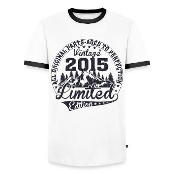Born 2015 Vintage Retro Anniversary - Men's Ringer Shirt - white/black - Front - AI Model Female 172 light (172cm) & AI Model Male 178 dark (178cm)