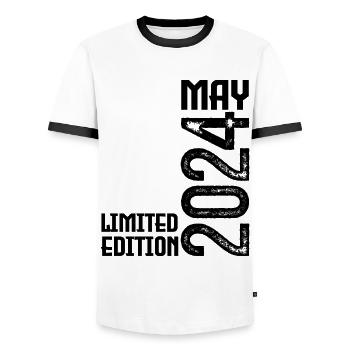 Gift May 2024. Anniversary May 2024. May 2024. - Men's Ringer Shirt - white/black - Front - AI Model Female 172 light (172cm) & AI Model Male 178 dark (178cm)