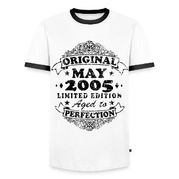 Mai 2005 | Jahrgang 2005 Jubiläum | Mai 2005 - Männer Kontrast-T-Shirt - Weiß/Schwarz - Vorne - AI Model Female 172 light (172cm) & AI Model Male 178 dark (178cm)