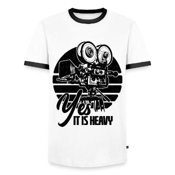 Yes It Is Heavy Retro Filmmaking Camera Operators - Men's Ringer Shirt - white/black - Front - AI Model Female 172 light (172cm) & AI Model Male 178 dark (178cm)