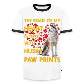 The Road to my heart is paved with Husky Paw Print - Männer Kontrast-T-Shirt - Weiß/Schwarz - Vorne - AI Model Female 172 light (172cm) & AI Model Male 178 dark (178cm)