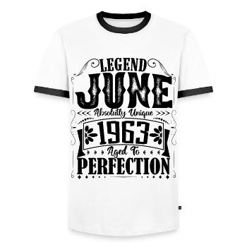 June 1963. Birthday June 1963 Gift June 1963 - Men's Ringer Shirt - white/black - Front - AI Model Female 172 light (172cm) & AI Model Male 178 dark (178cm)