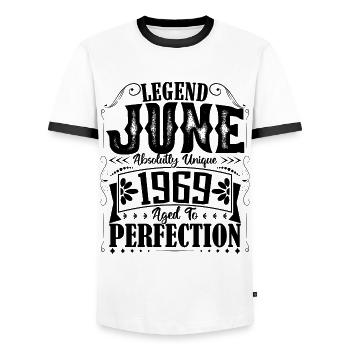 June 1969. Birthday June 1969 Gift June 1969 - Men's Ringer Shirt - white/black - Front - AI Model Female 172 light (172cm) & AI Model Male 178 dark (178cm)