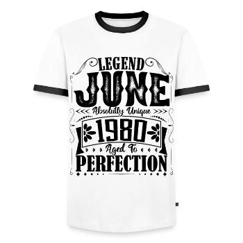 June 1980. Birthday June 1980 Gift June 1980 - Men's Ringer Shirt - white/black - Front - AI Model Female 172 light (172cm) & AI Model Male 178 dark (178cm)