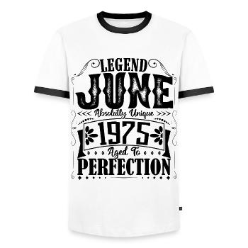 June 1975. Birthday June 1975 Gift June 1975 - Men's Ringer Shirt - white/black - Front - AI Model Female 172 light (172cm) & AI Model Male 178 dark (178cm)