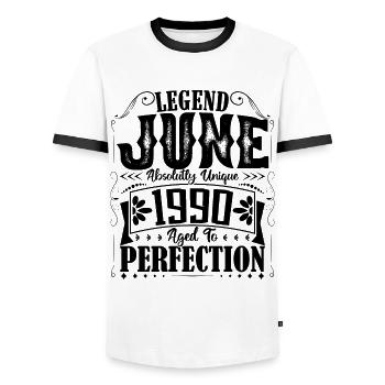 juin 1990. Anniversaire juin 1990 Cadeau juin 1990 - T-shirt contrasté Homme - blanc/noir - Devant - AI Model Female 172 light (172cm) & AI Model Male 178 dark (178cm)