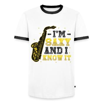 I'm Saxy and I Know It - Saxophone - Men's Ringer Shirt - white/black - Front - AI Model Female 172 light (172cm) & AI Model Male 178 dark (178cm)