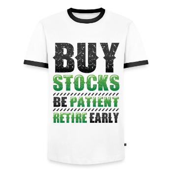 Acheter des actions, être patient, prendre une retraite anticipée - T-shirt contrasté Homme - blanc/noir - Devant - AI Model Female 172 light (172cm) & AI Model Male 178 dark (178cm)