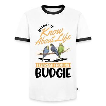 Budgie Welli Parakeet cockatiel - Men's Ringer Shirt - white/black - Front - AI Model Female 172 light (172cm) & AI Model Male 178 dark (178cm)