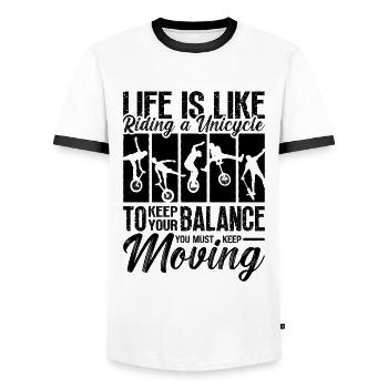 Life Is Like Riding Unicycle One Wheel Unicyclist - Men's Ringer Shirt - white/black - Front - AI Model Female 172 light (172cm) & AI Model Male 178 dark (178cm)