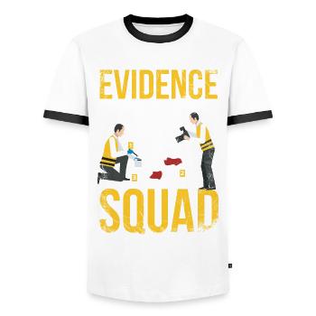 Evidence Collection Squad, Investigator - Men's Ringer Shirt - white/black - Front - AI Model Female 172 light (172cm) & AI Model Male 178 dark (178cm)