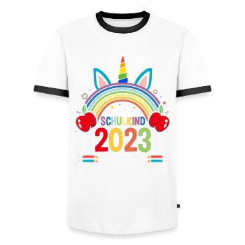 Schulkind 2023 Schulbeginn Einhorn Einschulung - Männer Kontrast-T-Shirt - Weiß/Schwarz - Vorne - AI Model Female 172 light (172cm) & AI Model Male 178 dark (178cm)