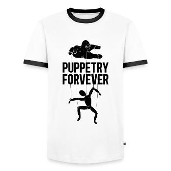 Puppetry Forever Shadow Play Puppet Show Puppeteer - Men's Ringer Shirt - white/black - Front - AI Model Female 172 light (172cm) & AI Model Male 178 dark (178cm)